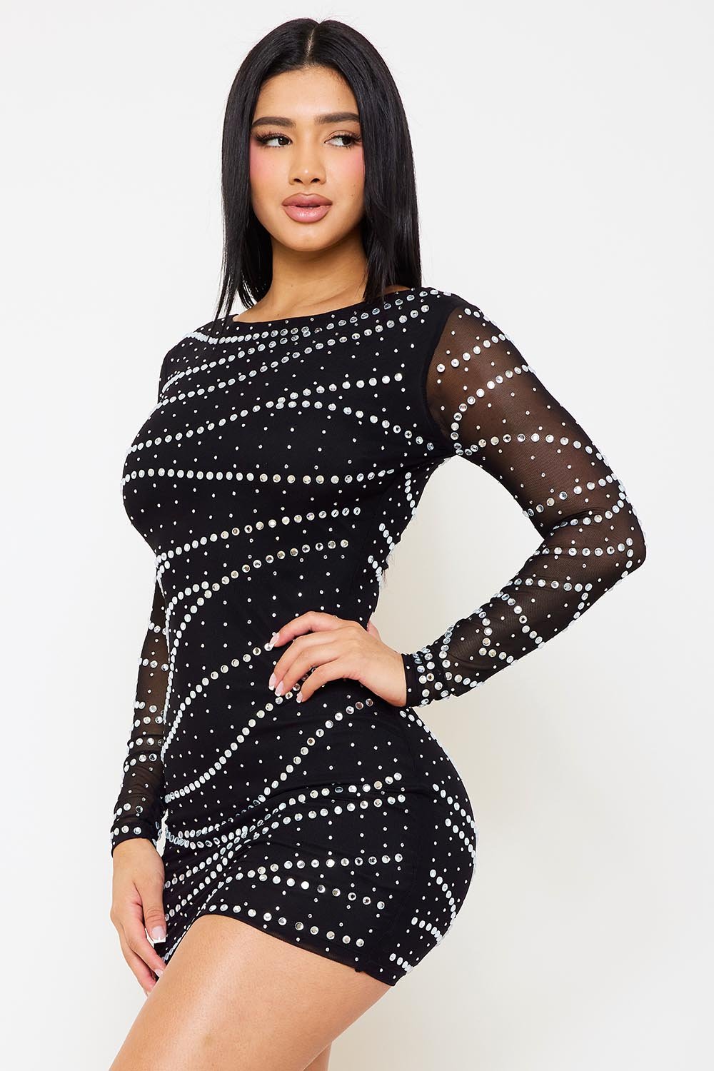 Symphony Dress - Small And Large Rhinestone Patterned Mesh Mini Dress | Zezebe