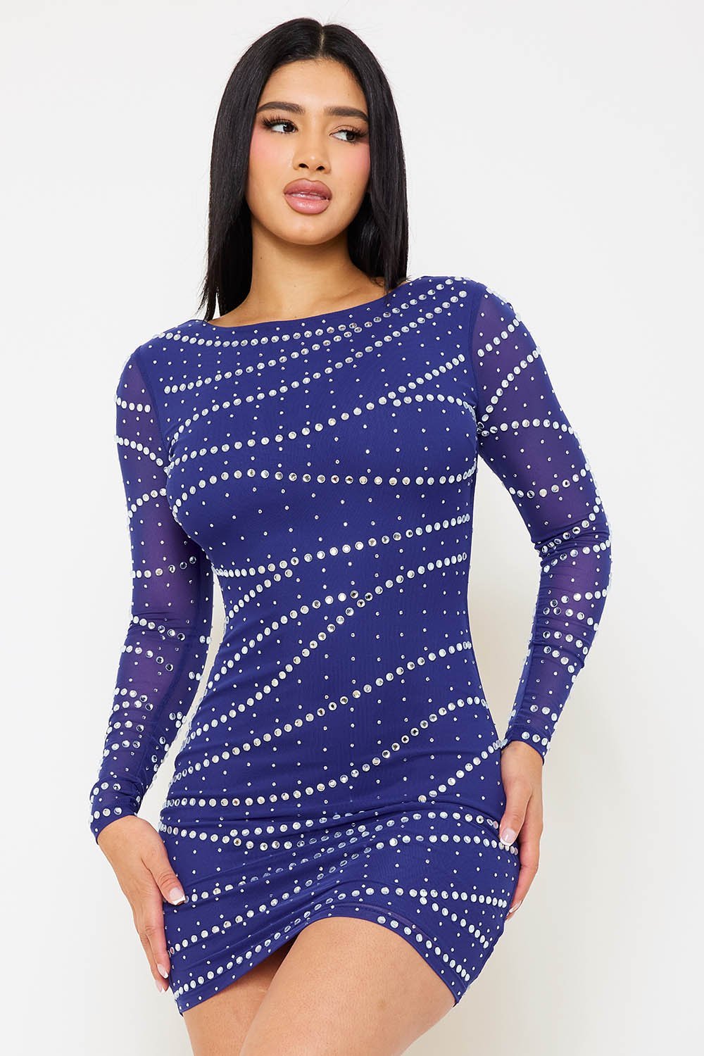 Symphony Dress - Small And Large Rhinestone Patterned Mesh Mini Dress | Zezebe