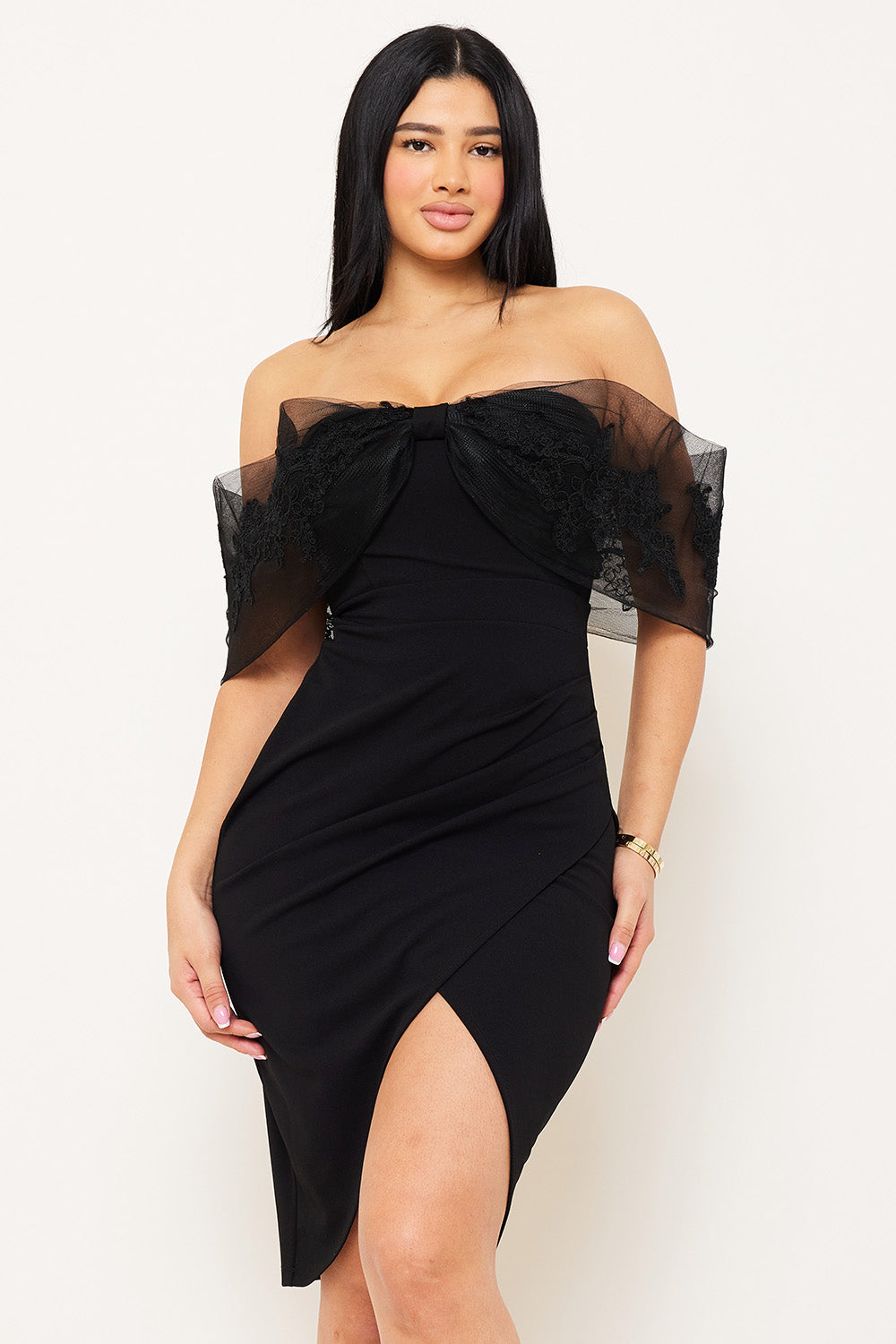 Symphony Dress - Embroidered Lace Applique Flower Mesh Midi Dress | Zezebe