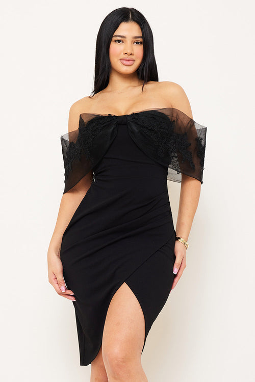 Symphony Dress - Embroidered Lace Applique Flower Mesh Midi Dress | Zezebe