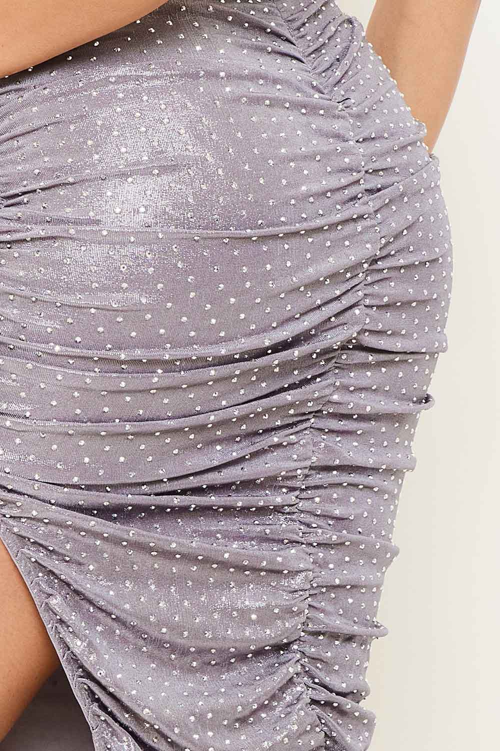 Symphony Dress - Foil With Rhinestone Shirring Midi Dress | Zezebe