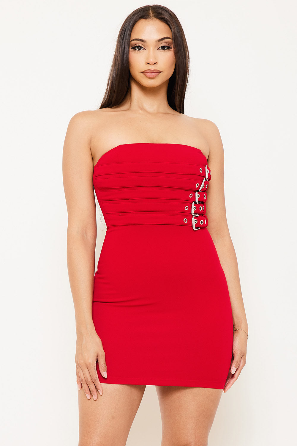 Symphony Dress - Belt Buckle On Tube Top Mini Dress | Zezebe