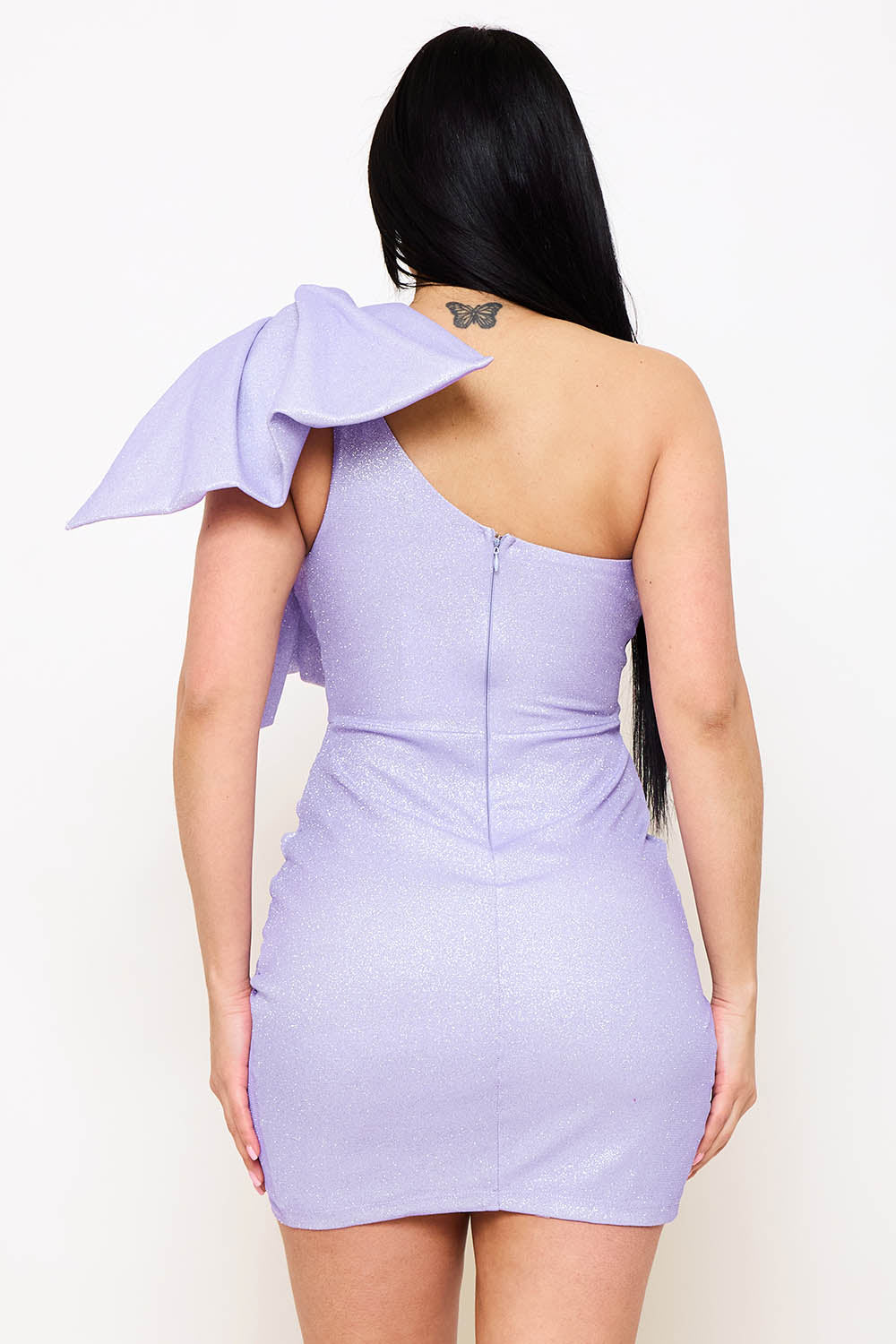 Symphony Dress - Shiny Knit Gltter Bow Shoulder Mini Dress | Zezebe
