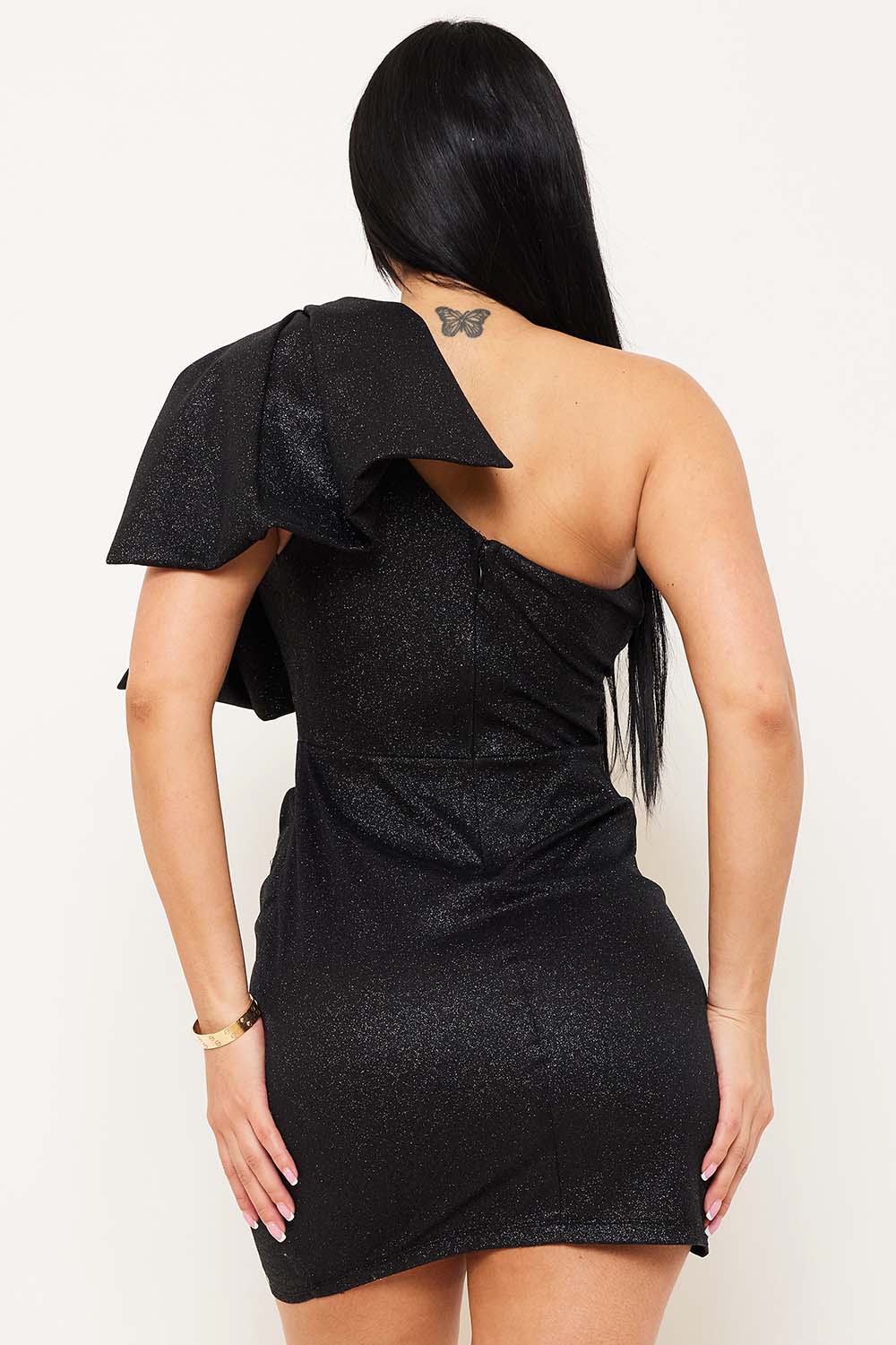 Symphony Dress - Shiny Knit Gltter Bow Shoulder Mini Dress | Zezebe