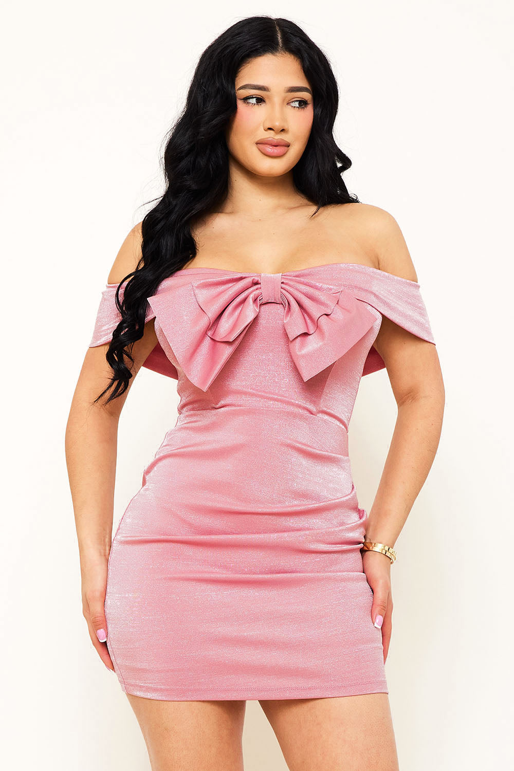 Symphony Dress - Bow Front Metallic Fabric Mini Dress | Zezebe