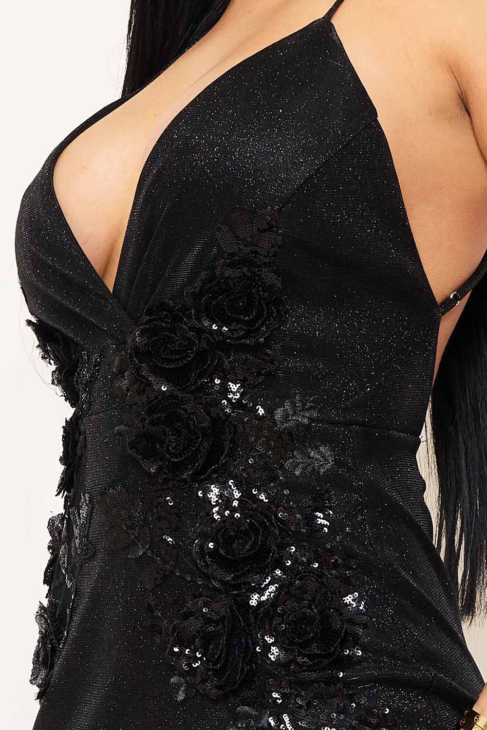 Symphony Dress - Flower Embellished Shiny Knit Wrap Mini Dress | Zezebe