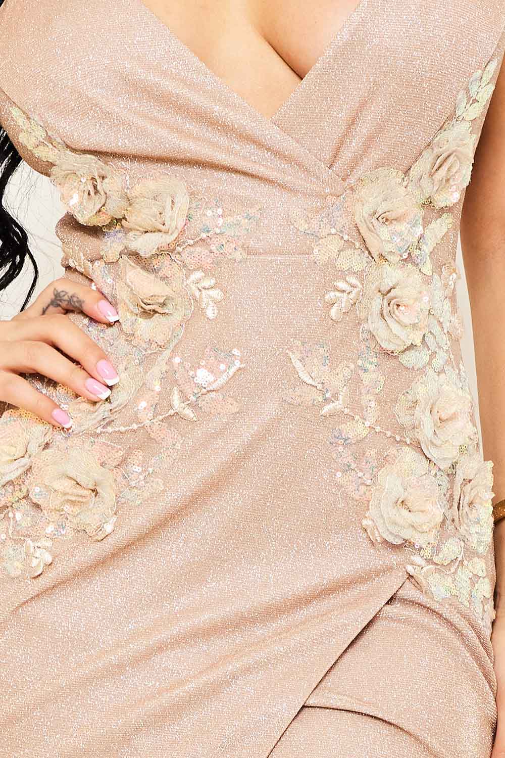Symphony Dress - Flower Embellished Shiny Knit Wrap Mini Dress | Zezebe