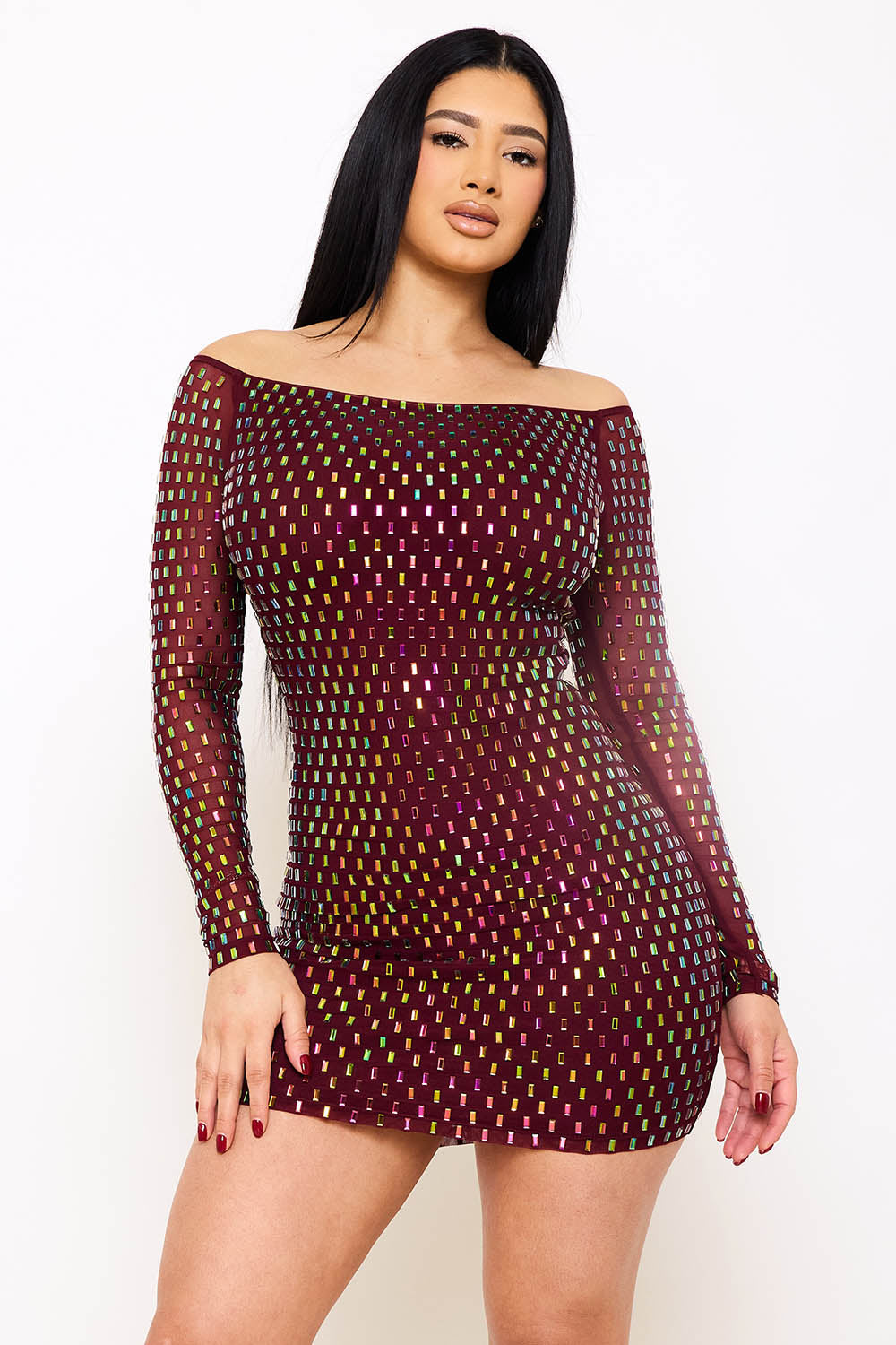Symphony Dress - Rhinestone On Power Mesh Off The Shoulder Mini Dress | Zezebe