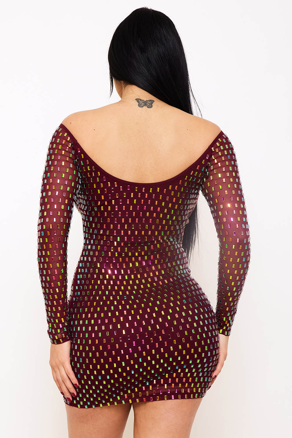 Symphony Dress - Rhinestone On Power Mesh Off The Shoulder Mini Dress | Zezebe