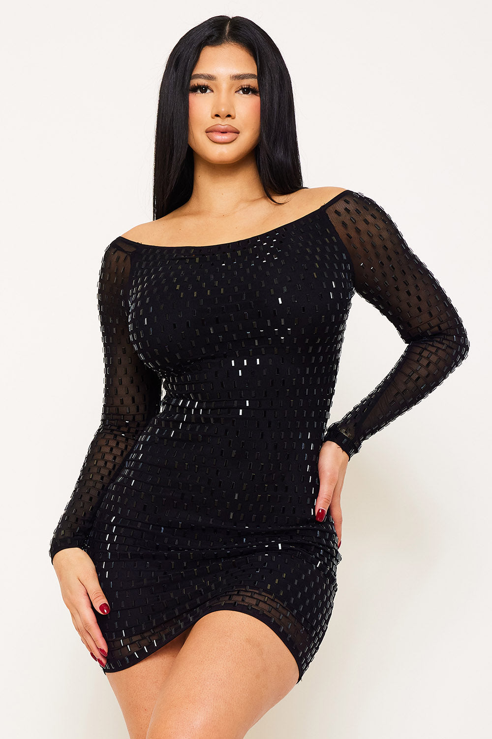 Symphony Dress - Rhinestone On Power Mesh Off The Shoulder Mini Dress | Zezebe