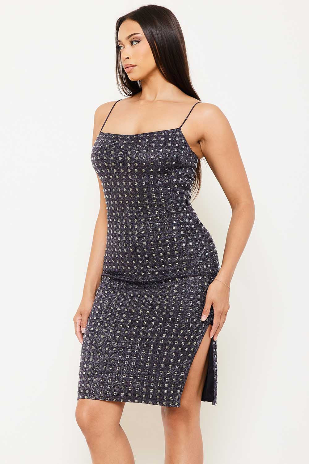 Symphony Dress - Square Rhinestone On Shiny Mini Dress | Zezebe