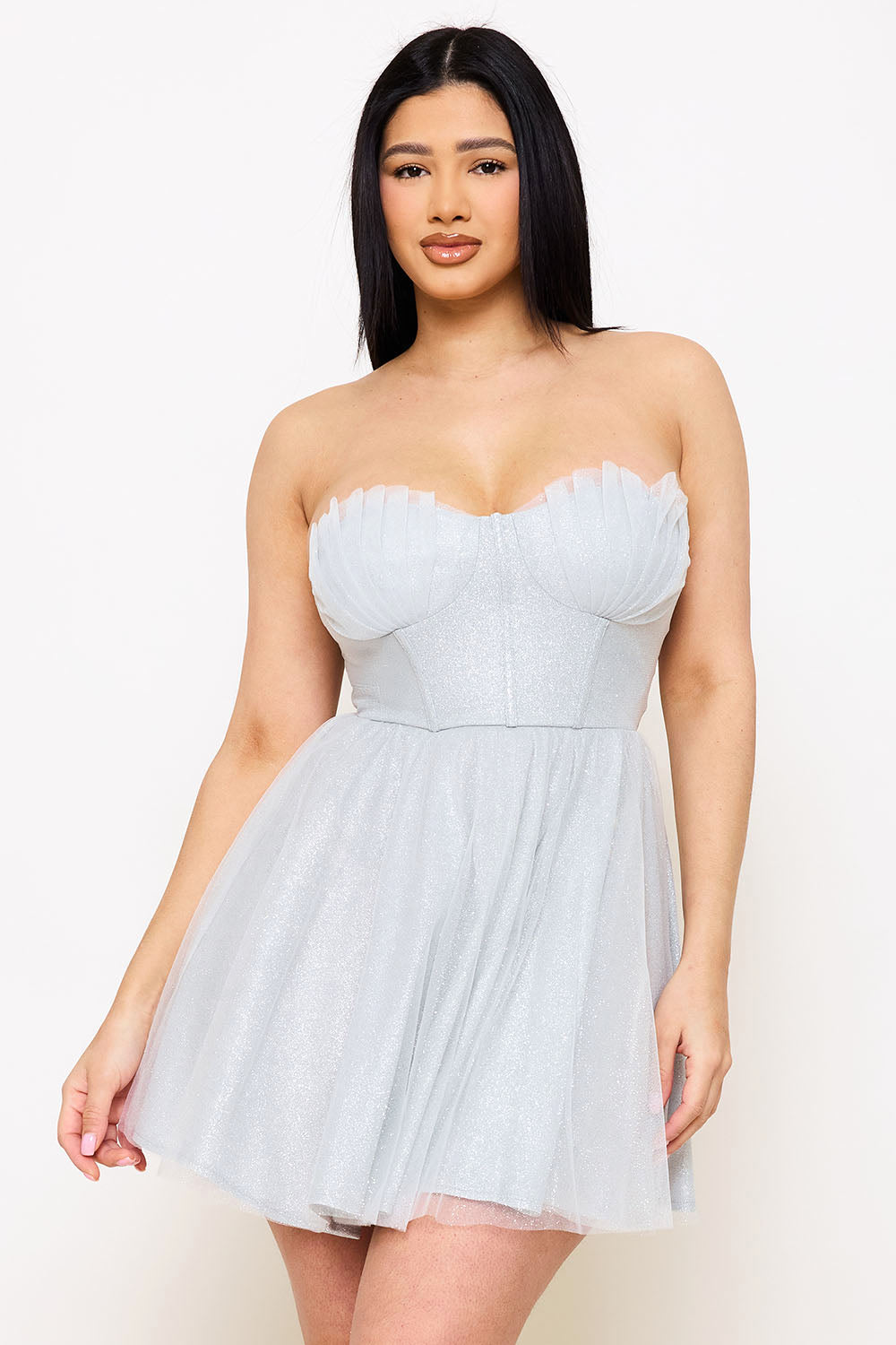 Symphony Dress - Glitter Mesh Pleated Mini Dress | Zezebe