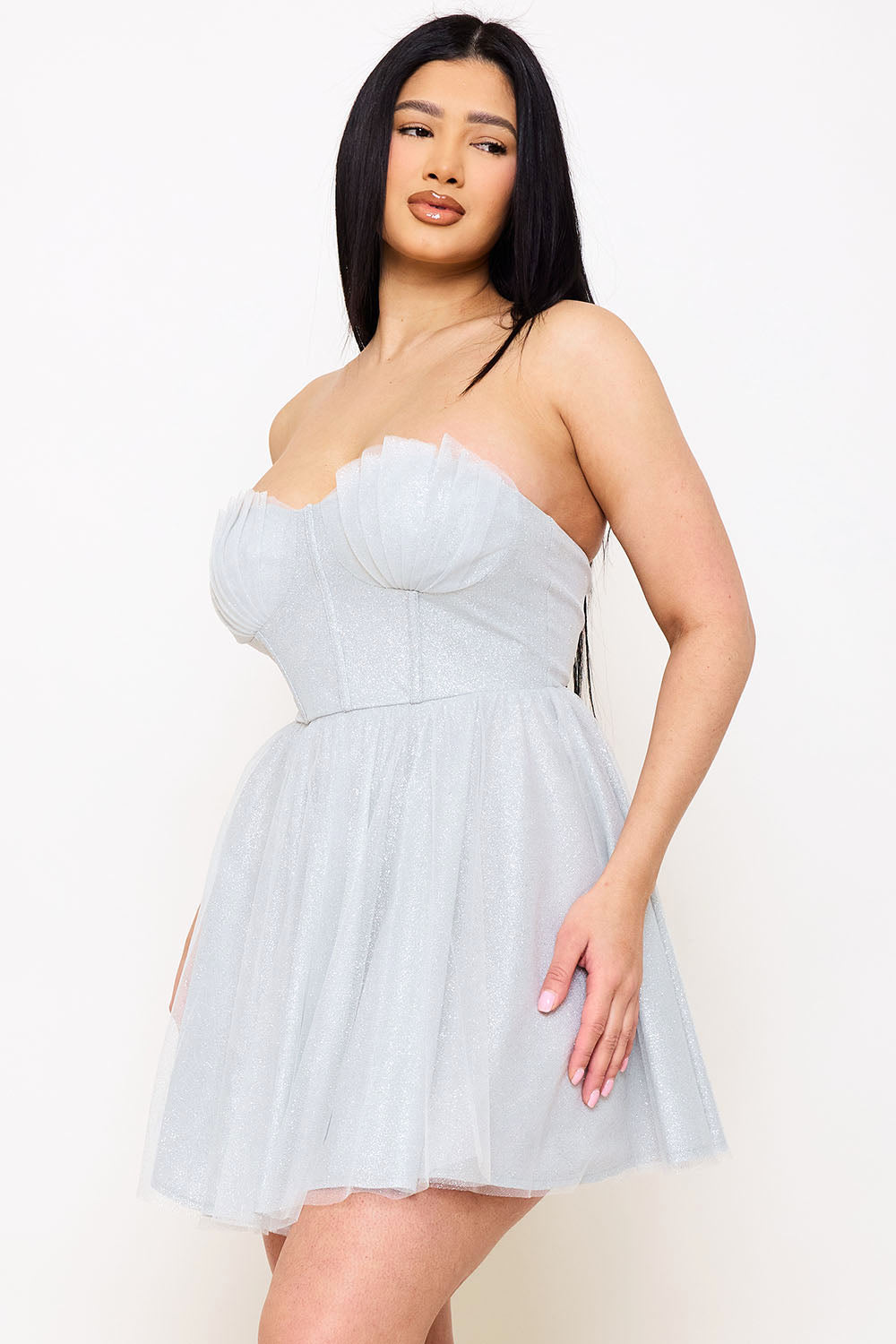 Symphony Dress - Glitter Mesh Pleated Mini Dress | Zezebe