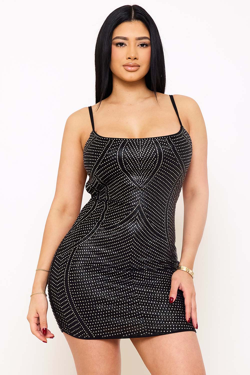 Symphony Dress - Rhinestone Patterned Slinky Foil Fabric Mini Dress | Zezebe