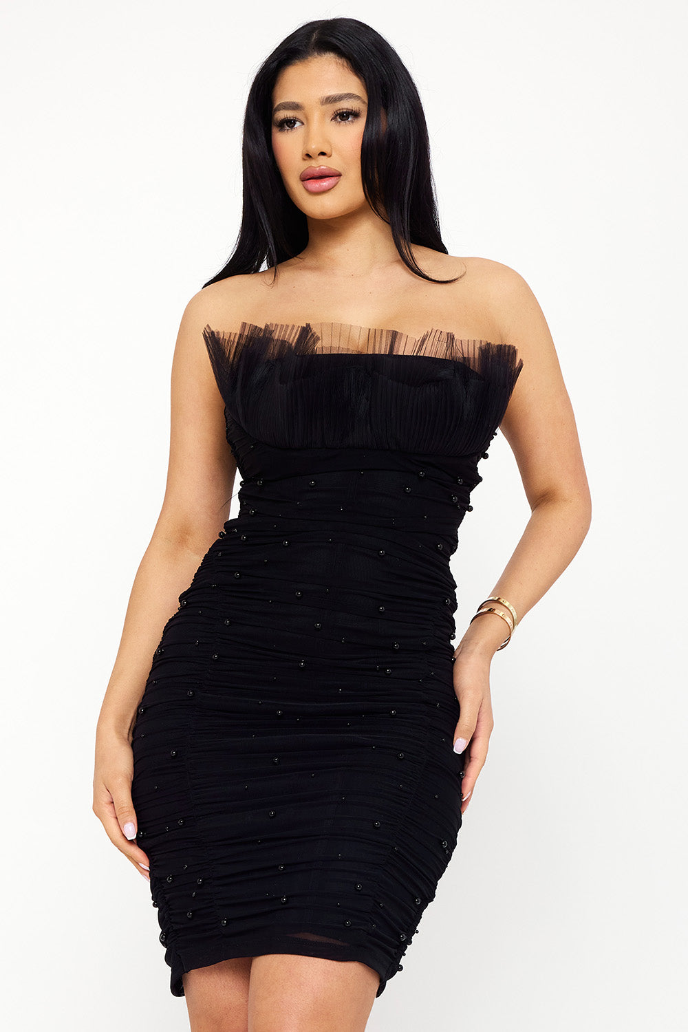 Symphony Dress - Pearl Bead On Power Mesh Midi Dress | Zezebe