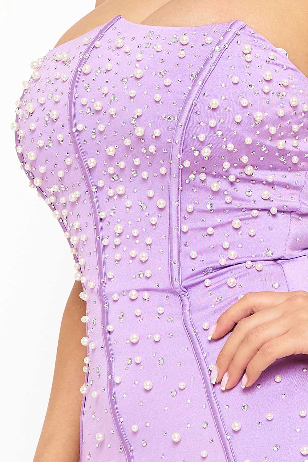 Symphony Dress - Pearl Bead Attached Power Satin Mini Dress | Zezebe