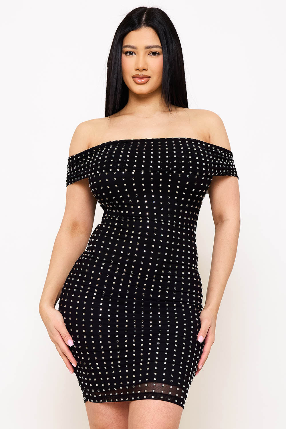 Symphony Dress - Square Rhinestone On Power Mesh Off The Shoulder Midi Dress | Zezebe