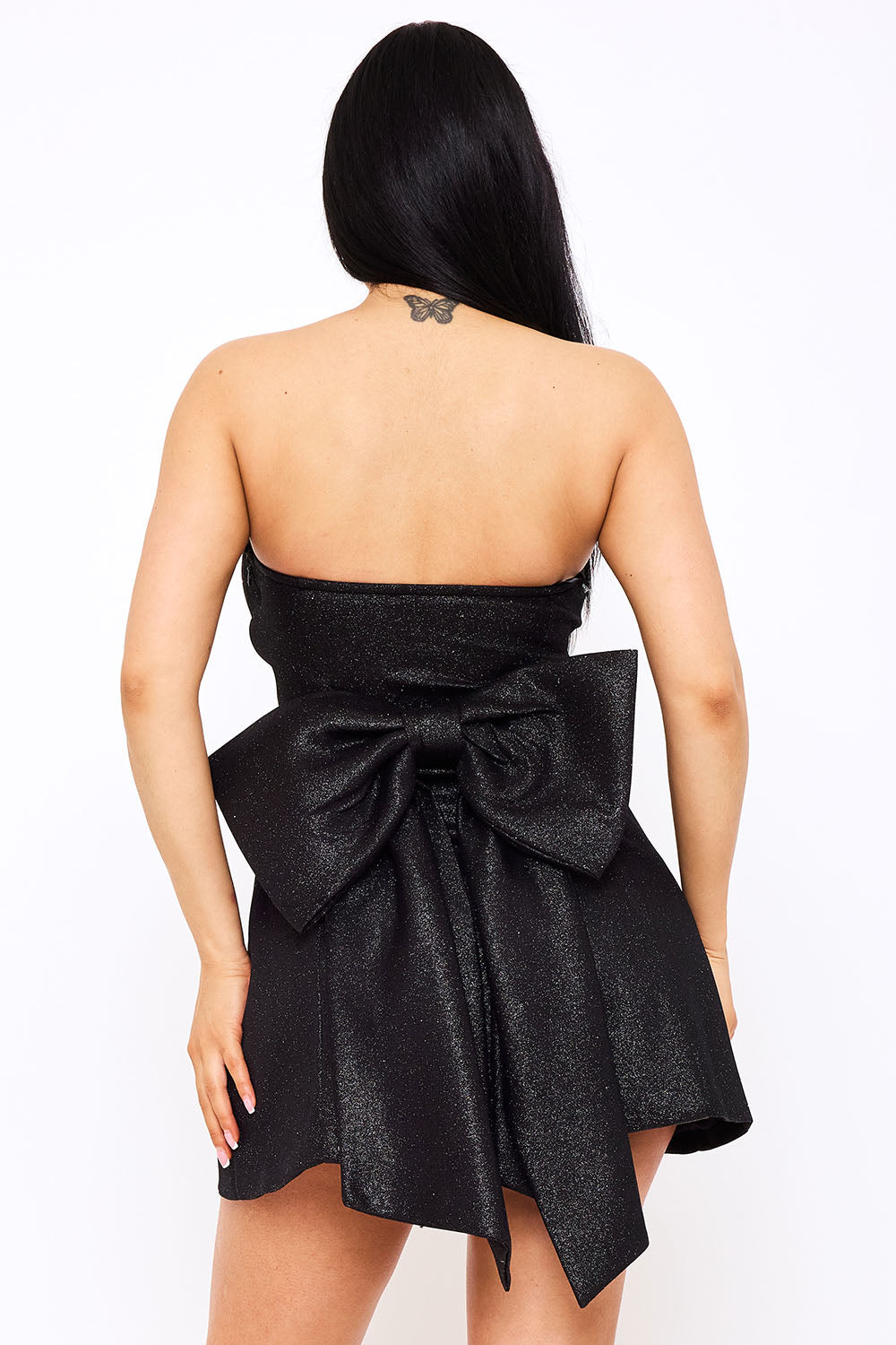 Symphony Dress - Bonded Shiny Knit Large Bow Accent Mini Dress | Zezebe