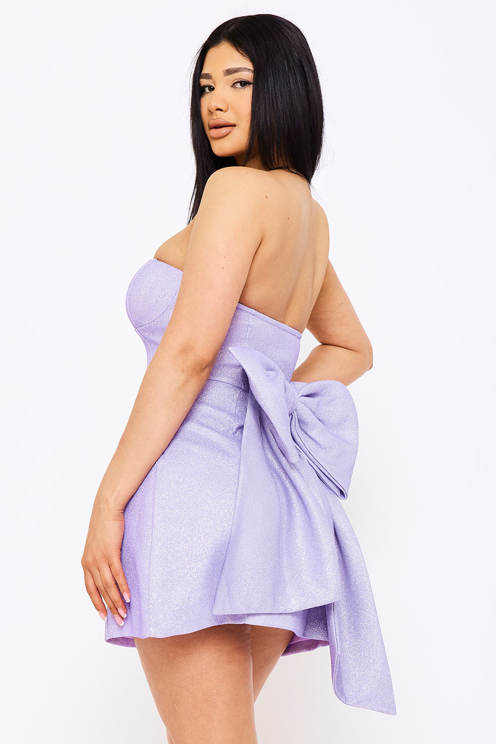 Symphony Dress - Bonded Shiny Knit Large Bow Accent Mini Dress | Zezebe