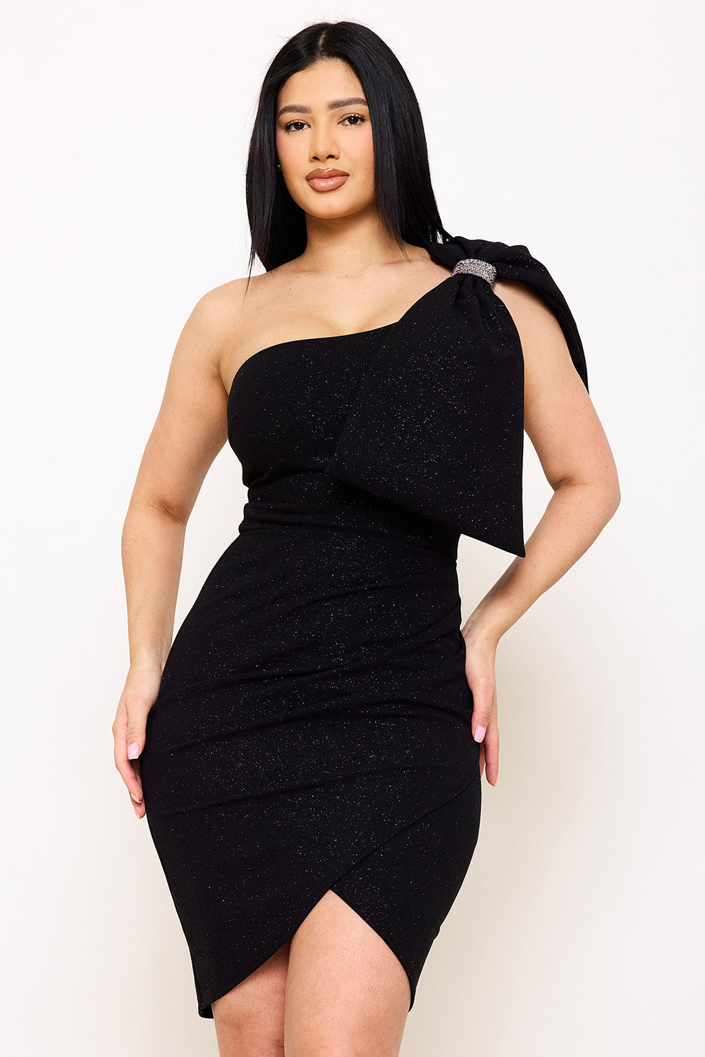 Symphony Dress - Extra Large Bow On One Shoulder Glitter Mini Dress | Zezebe
