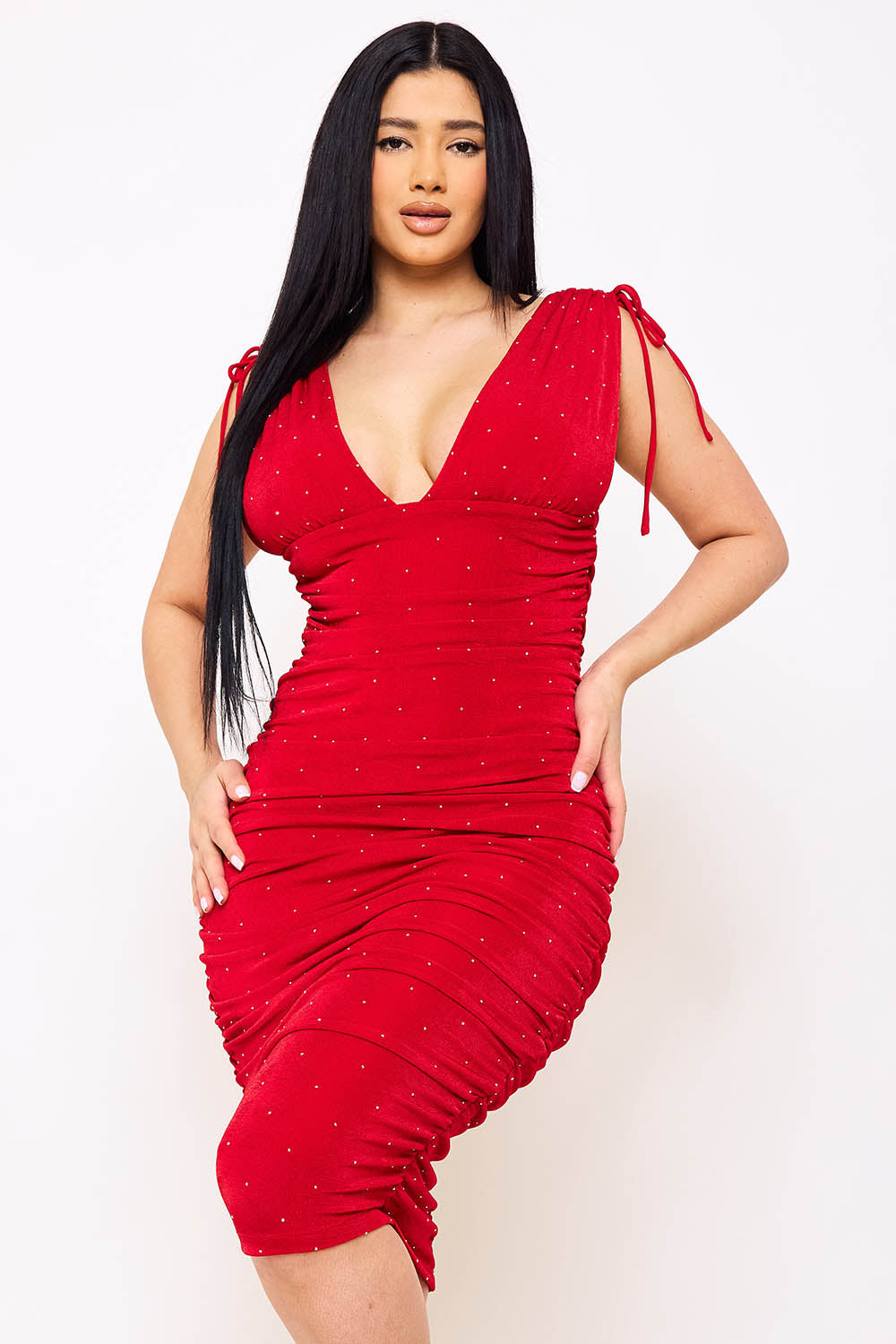 Symphony Dress - Deep V-Neckline Soft Slinky Midi Dress | Zezebe