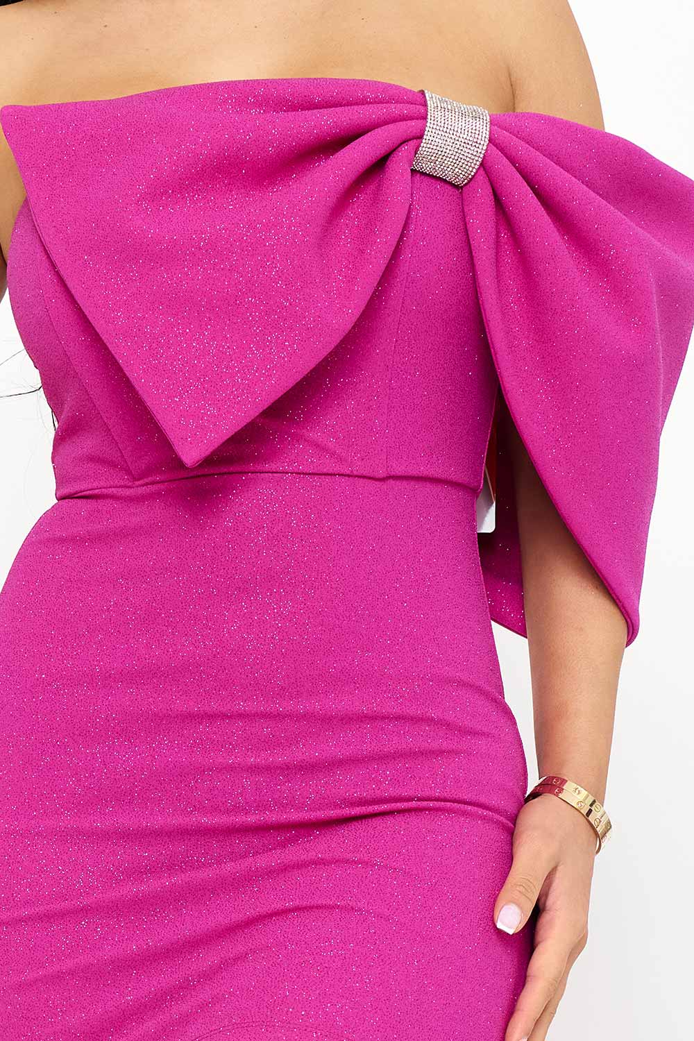 Symphony Dress - Glitter With Large Bow On One Shoulder Mini Dress | Zezebe