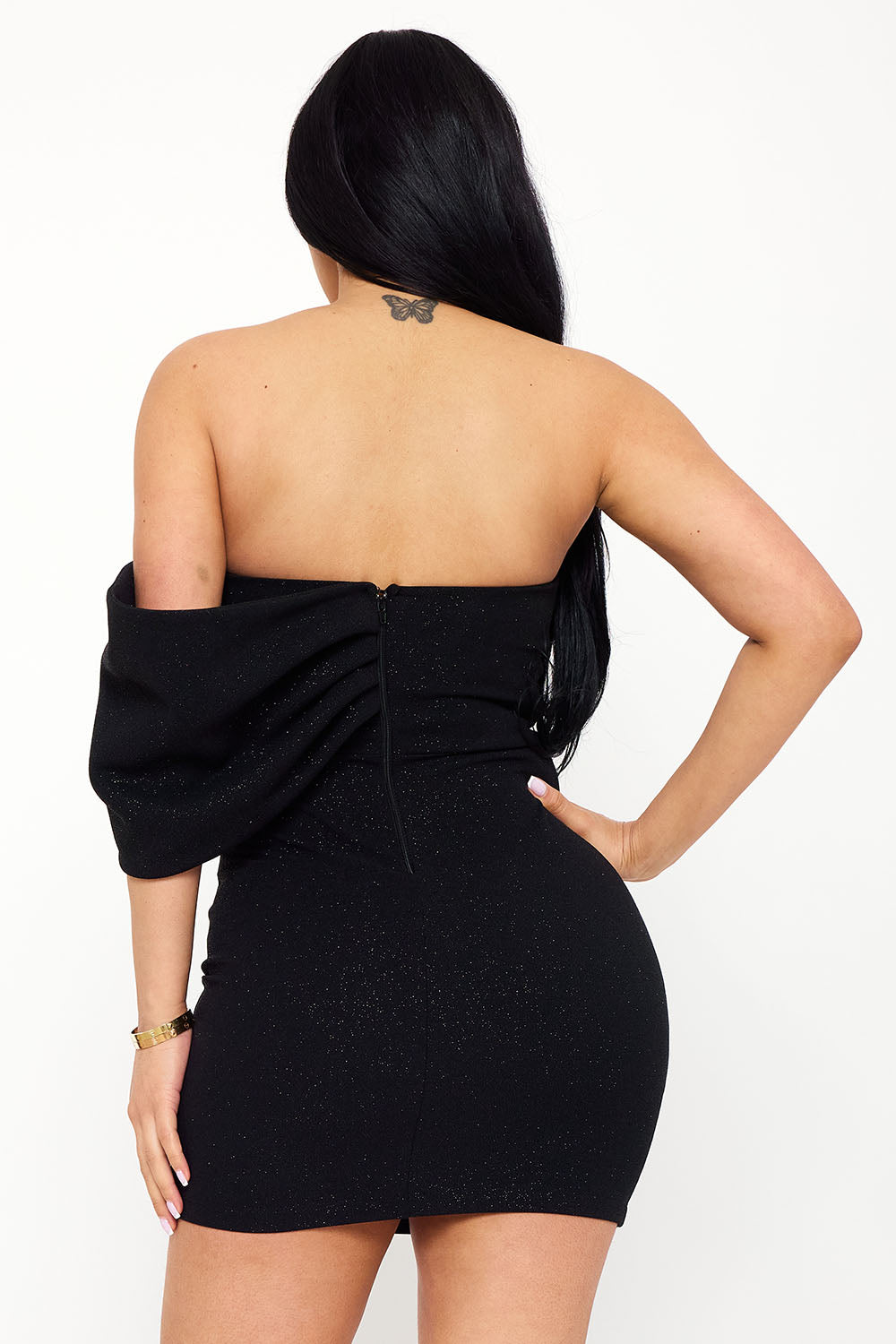Symphony Dress - Glitter With Large Bow On One Shoulder Mini Dress | Zezebe