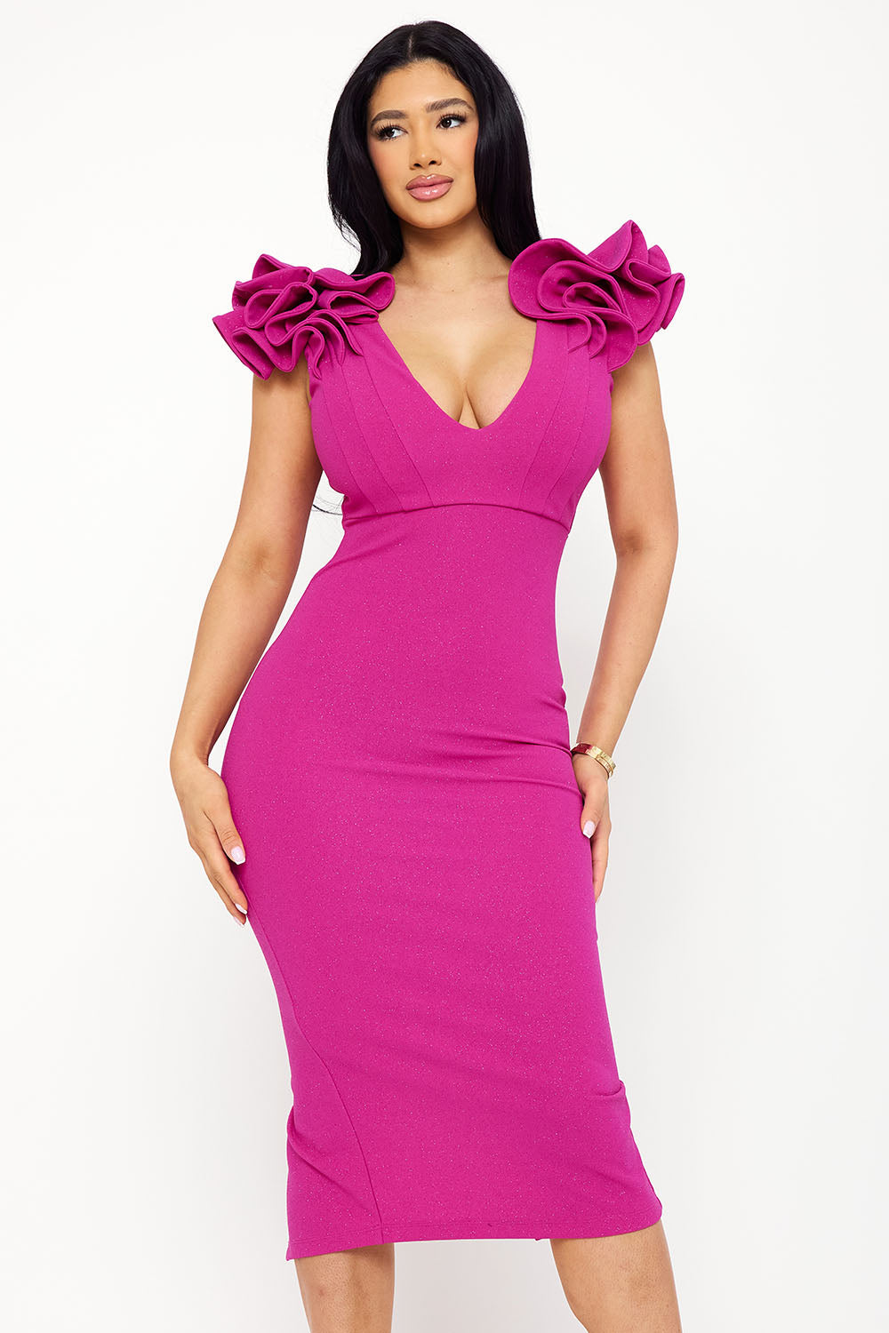 Symphony Dress - Glitter Ruffle Shoulders Midi Dress | Zezebe