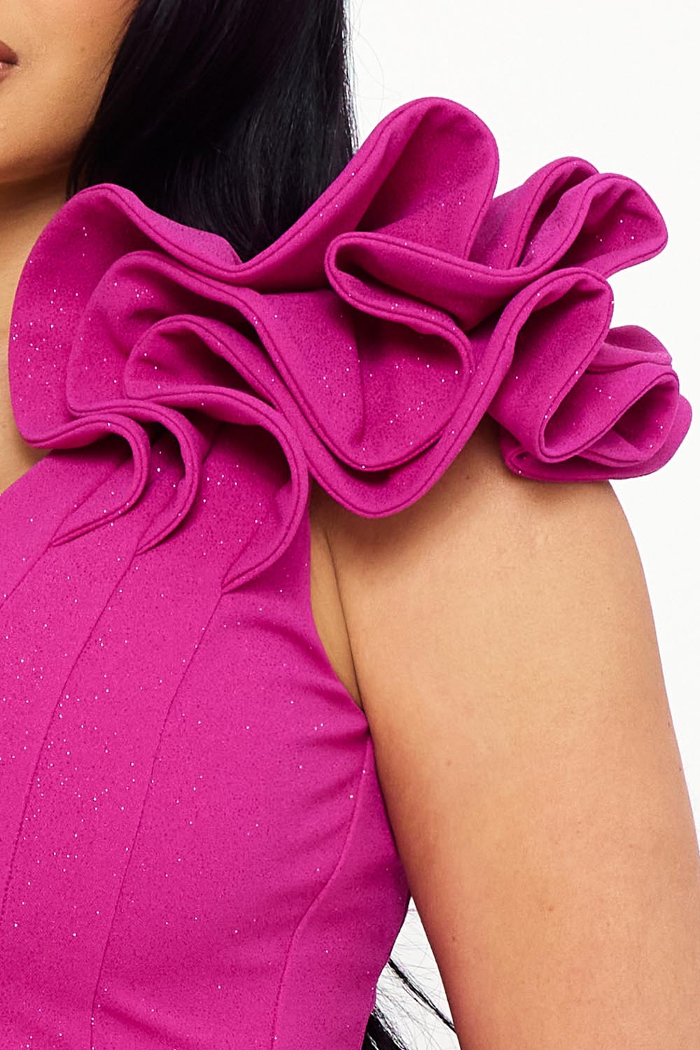 Symphony Dress - Glitter Ruffle Shoulders Midi Dress | Zezebe