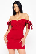 Symphony Dress - Satin Bow On Sleeve Off The Shoulder Mini Dress | Zezebe