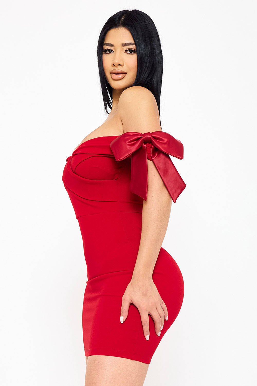 Symphony Dress - Satin Bow On Sleeve Off The Shoulder Mini Dress | Zezebe