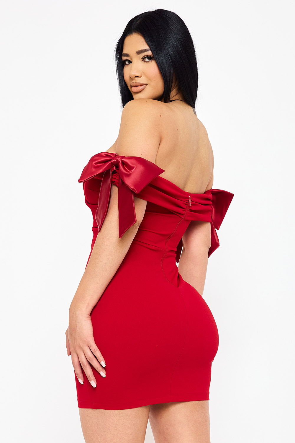 Symphony Dress - Satin Bow On Sleeve Off The Shoulder Mini Dress | Zezebe
