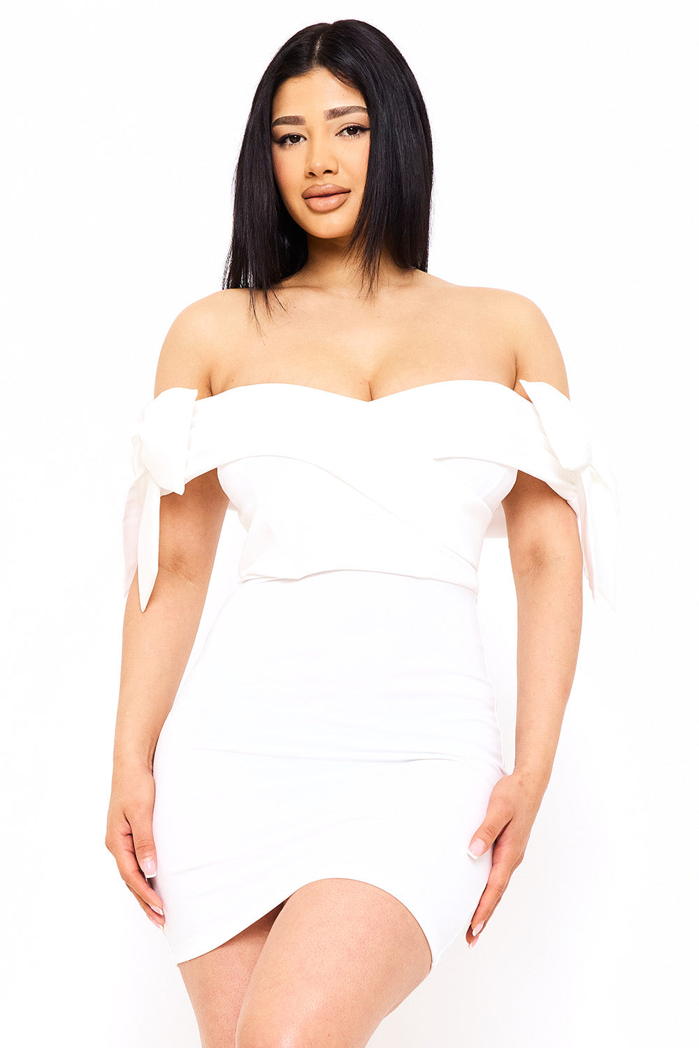 Symphony Dress - Satin Bow On Sleeve Off The Shoulder Mini Dress | Zezebe