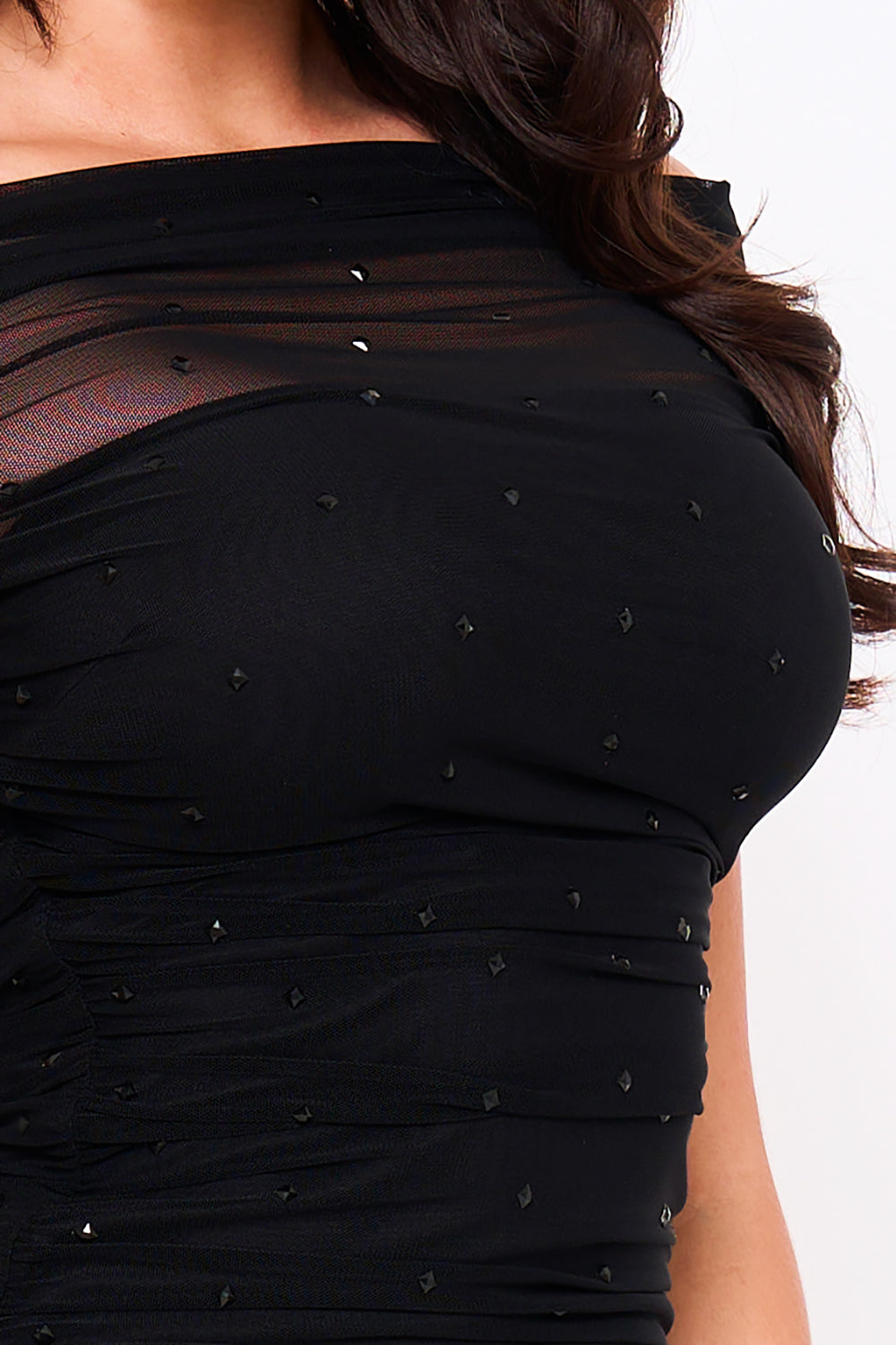 Symphony Dress - Rhinestone On Power Mesh Off The Shoulder Mini Dress | Zezebe