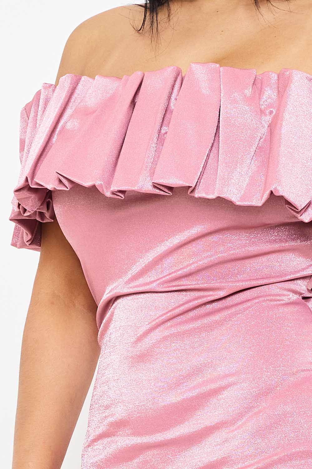 Symphony Dress - Ruffle Metallic Tricot Off The Shoulder Mini Dress | Zezebe