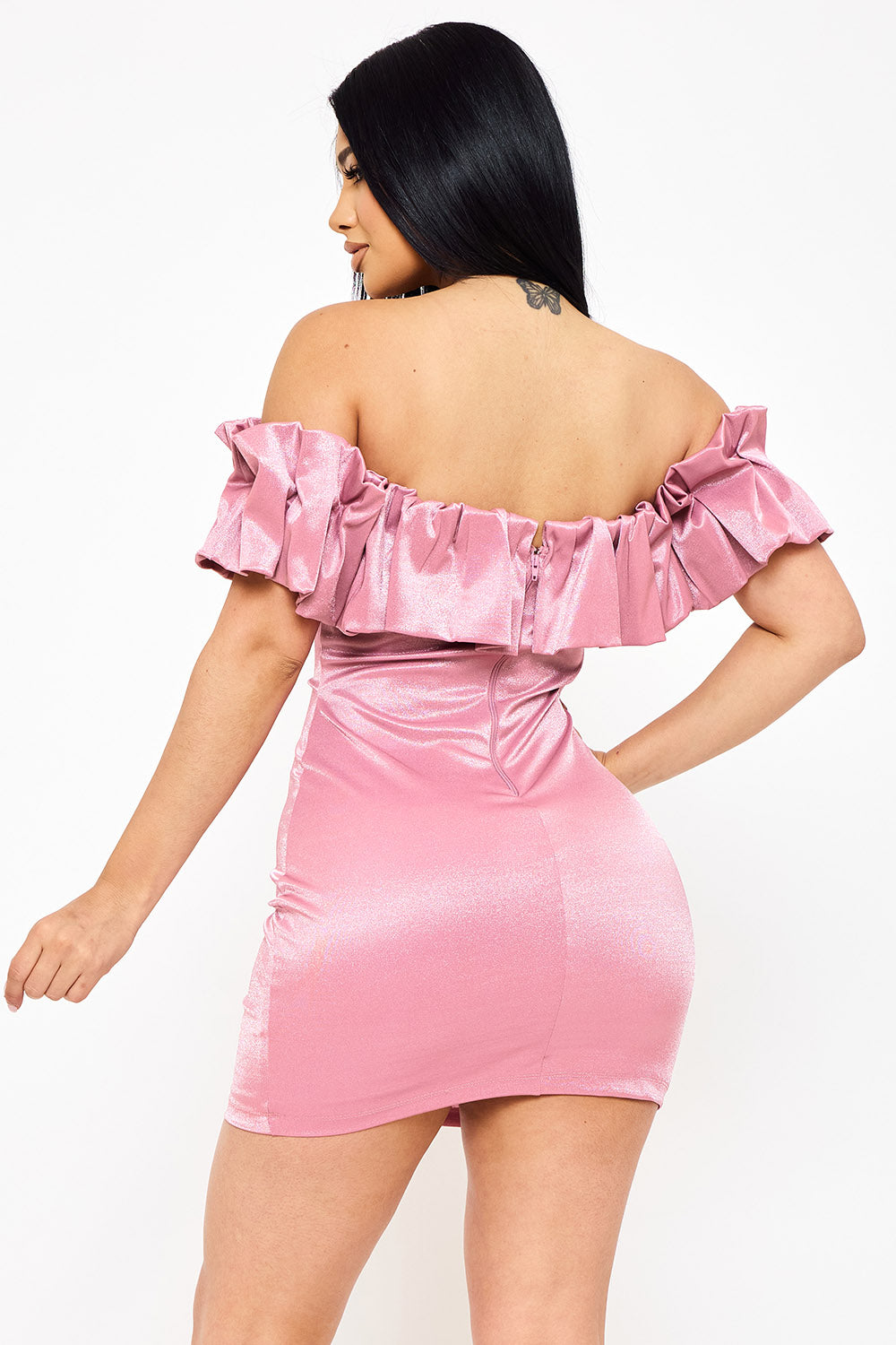 Symphony Dress - Ruffle Metallic Tricot Off The Shoulder Mini Dress | Zezebe