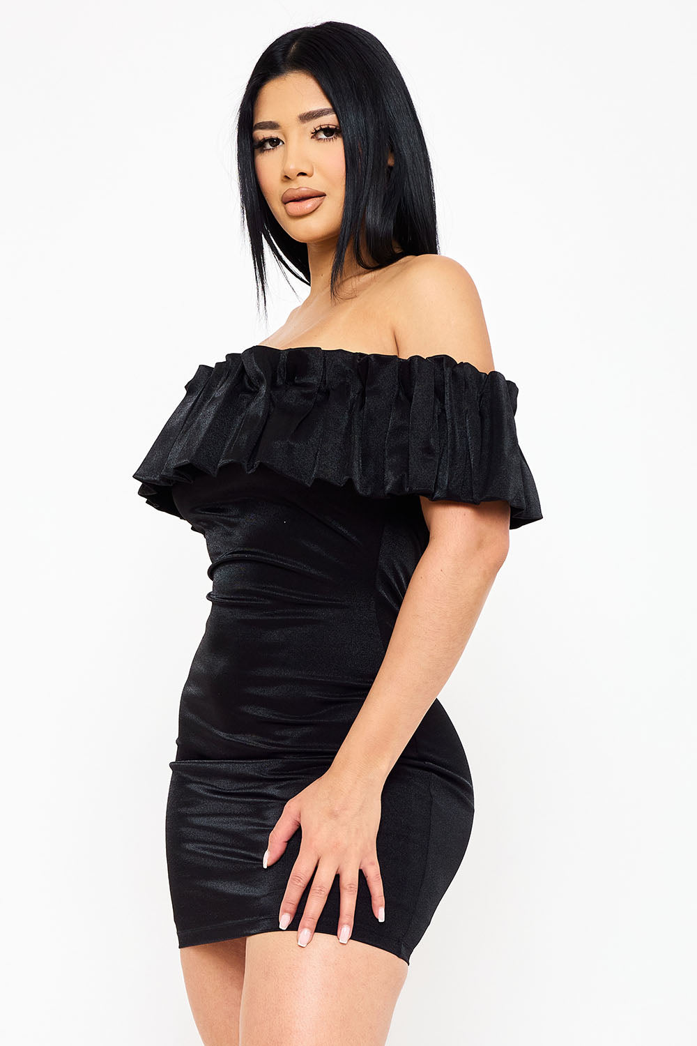 Symphony Dress - Ruffle Metallic Tricot Off The Shoulder Mini Dress | Zezebe