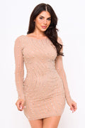 Symphony Dress - Rhinestone Trim Wave With Pearl On Power Mesh Mini Dress | Zezebe