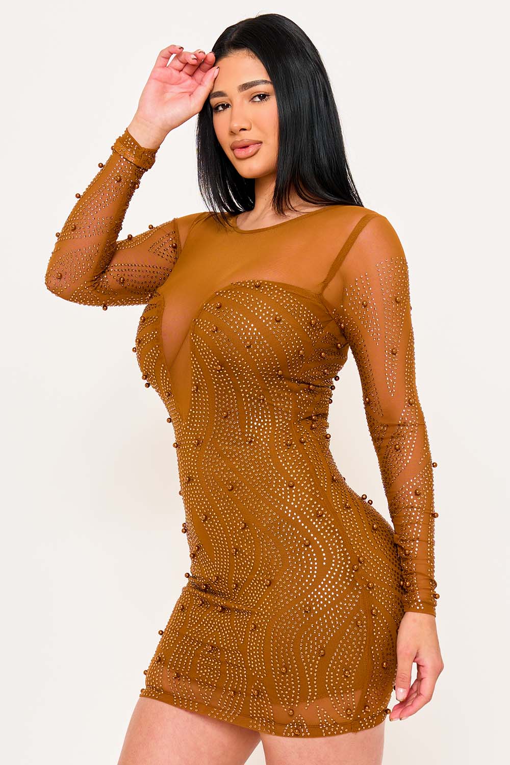 Symphony Dress - Patterned Rhinestone And Pearl On Mesh Mini Dress | Zezebe