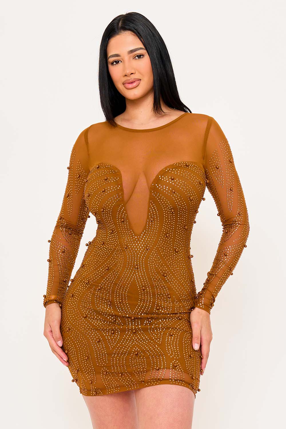 Symphony Dress - Patterned Rhinestone And Pearl On Mesh Mini Dress | Zezebe