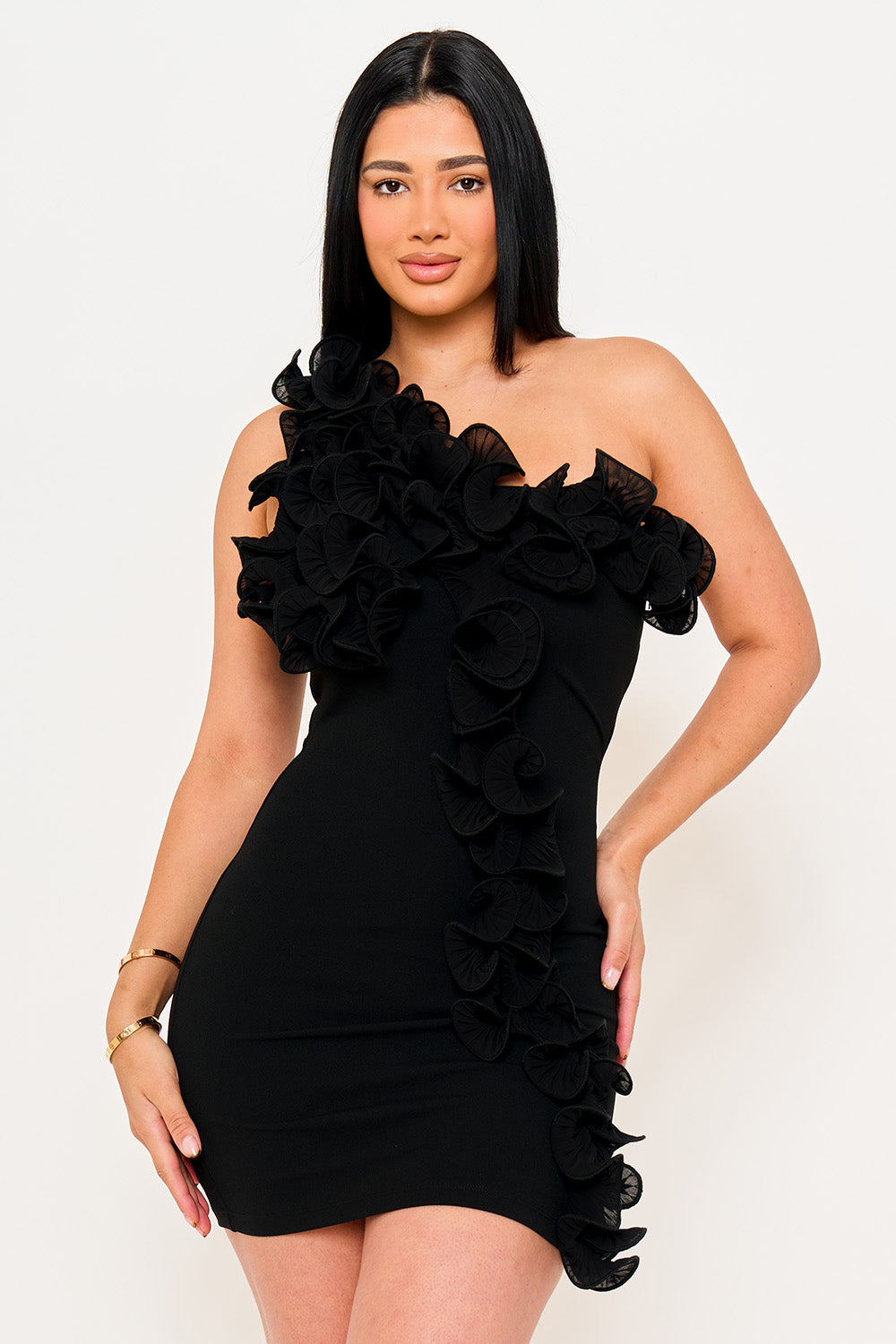 Symphony Dress - Pleated Ruffle One Shoulder Mini Dress | Zezebe