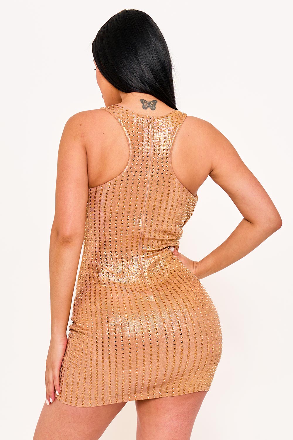 Symphony Dress - Rhinestone On Slinky Foil Crop Top Mini Dress | Zezebe