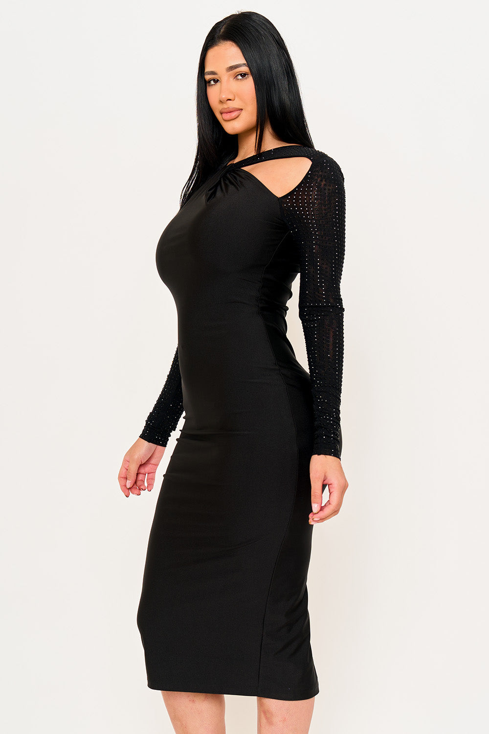 Symphony Dress - Rhinestone On Mesh Sleeve Satin Midi Dress | Zezebe