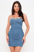 Symphony Dress - Pearl Beaded Top Denim Mini Dress | Zezebe