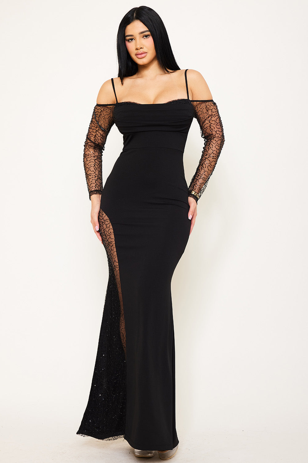 Symphony Dress - Beaded Mesh Paneled Maxi Dress | Zezebe