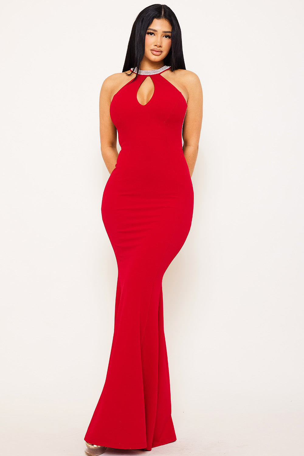 Symphony Dress - Pearl Back Halter Neck Mermaid Maxi Dress | Zezebe
