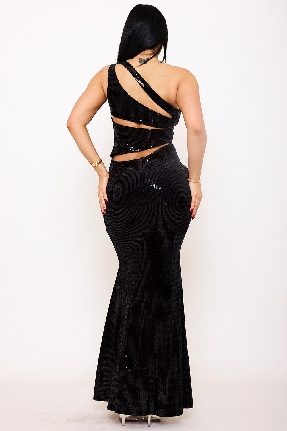 Symphony Dress - Sequin One Shoulder Back Cutout Maxi Dress | Zezebe
