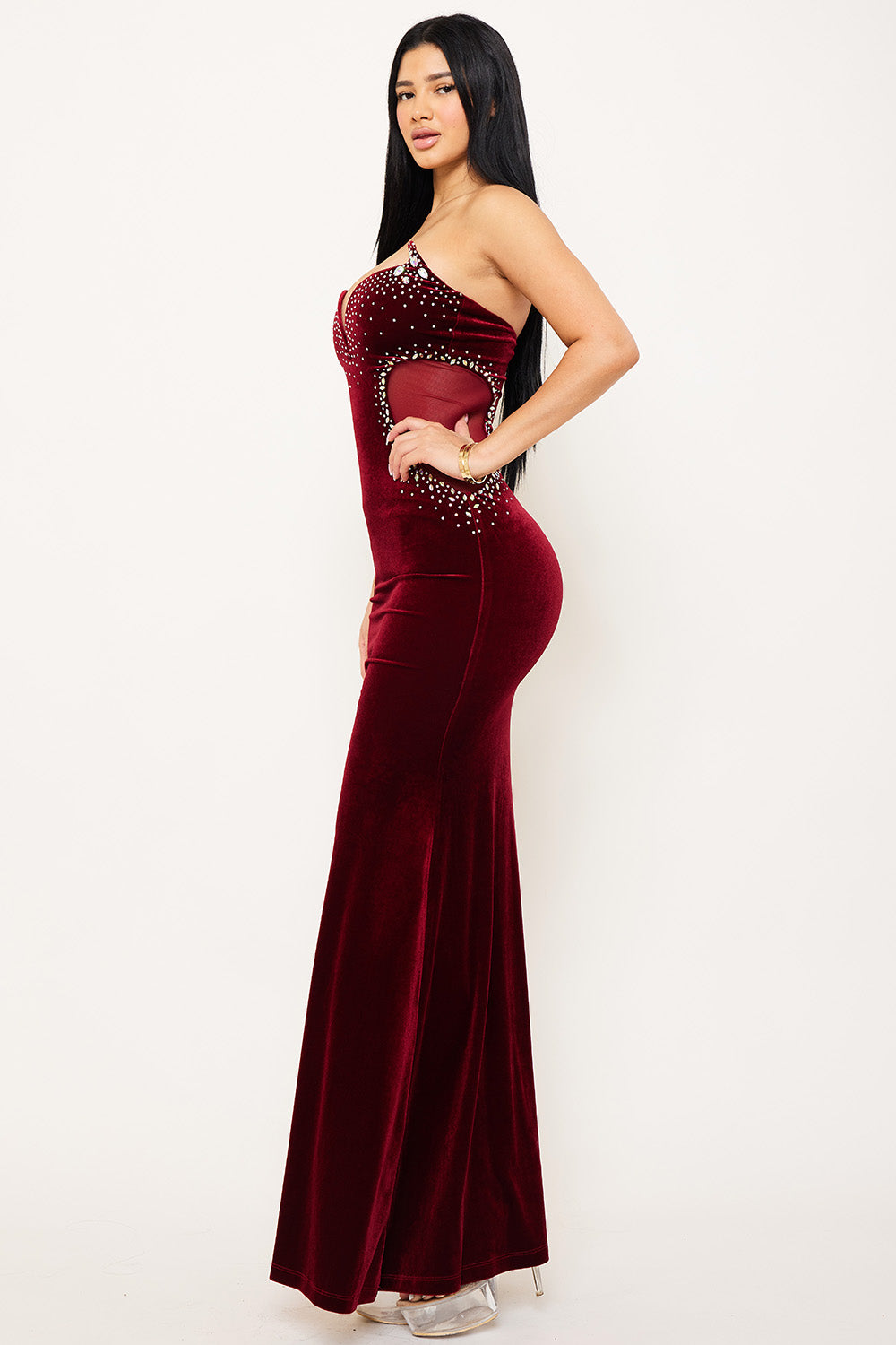 Symphony Dress - Rhinestone On Velvet With Mesh Panel Maxi Dress | Zezebe