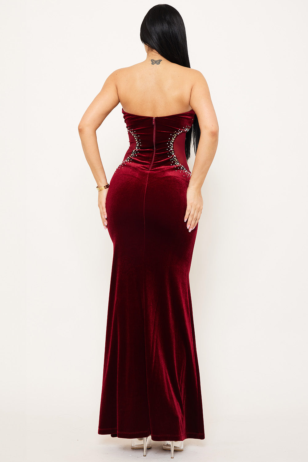 Symphony Dress - Rhinestone On Velvet With Mesh Panel Maxi Dress | Zezebe