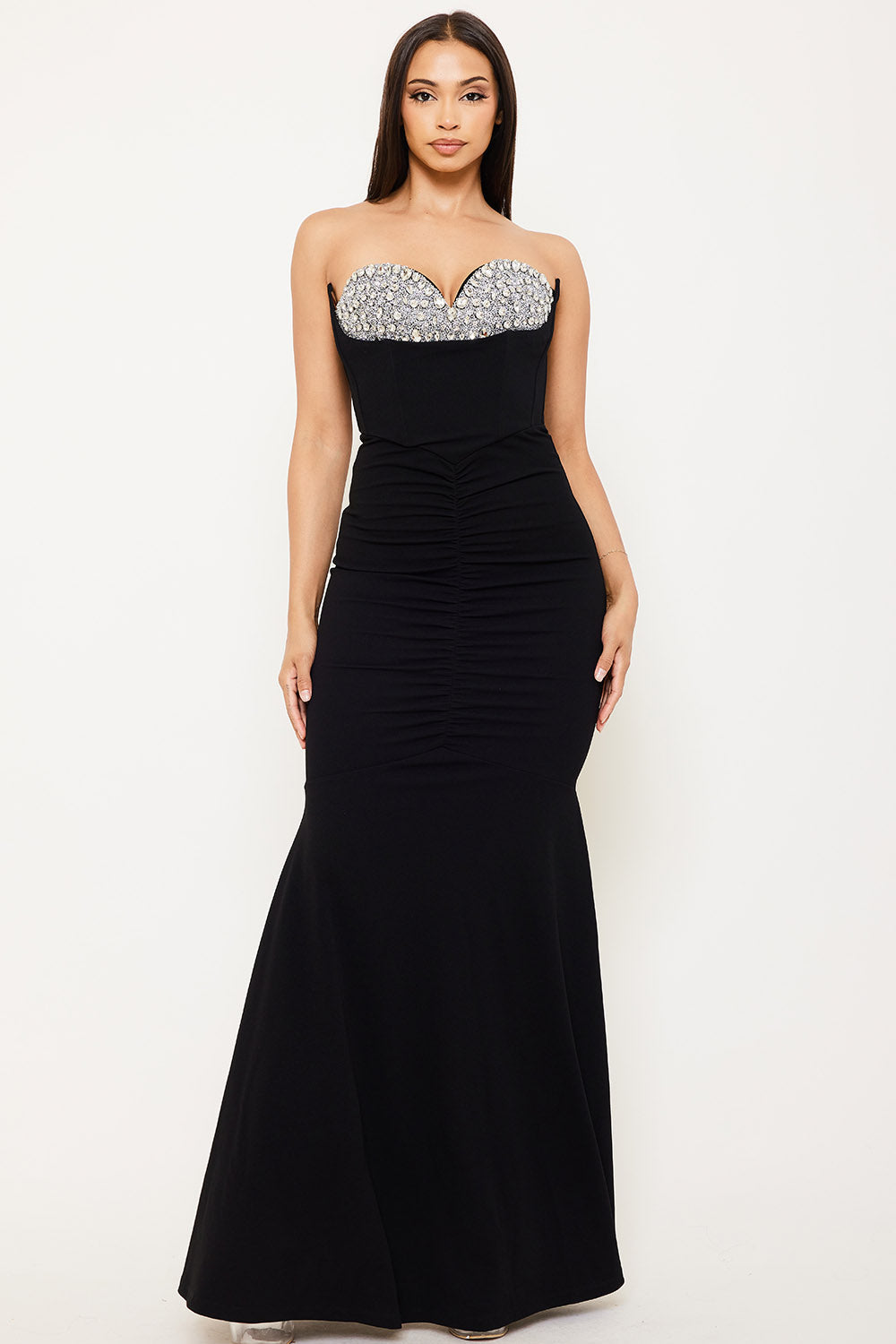Symphony Dress - Multi Shape Rhinestone On Bust Mermaid Maxi Dress | Zezebe